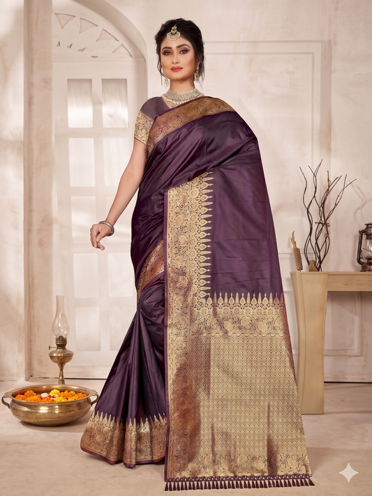 Kaya Kalpo Plum Purple Satin Crepe Silk Saree | Gold Zari Temple Border & Pallu | Bridal & Festive Wear