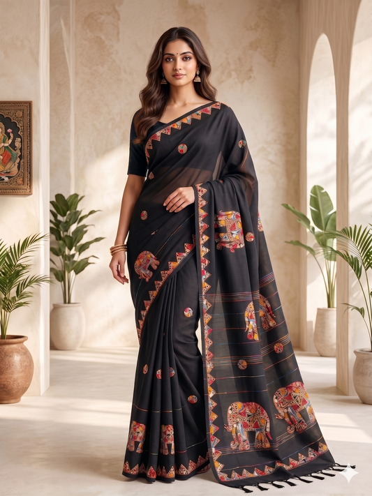 Kaya Kalpo Black Handloom Cotton Applique Saree with Elephant Motifs