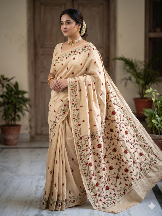 Kaya Kalpo Beige Kantha Stitch Saree with Floral Embroidery Work