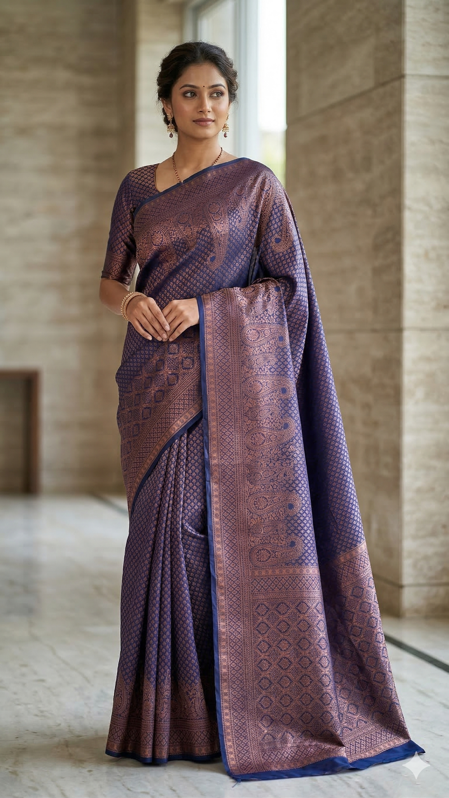 Shop charcoal grey Kanchipuram silk saree with rich maroon zari border. Elegant, luxurious & perfect for weddings and festive wear. Includes blouse piece.