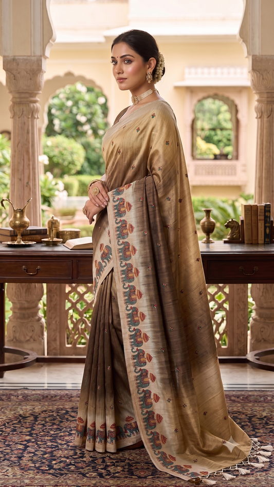 Beige Ombre Tussar Silk Saree with Narthaki Print & Elephant Applique with Blouse Piece