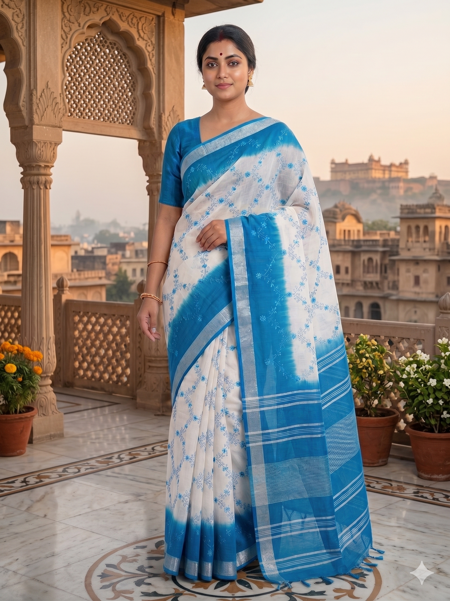 Kaya Kalpo White Linen Kantha Stitch Saree | Sky Blue Shibori Border & Striped Pallu | Handcrafted Casual & Festive Wear