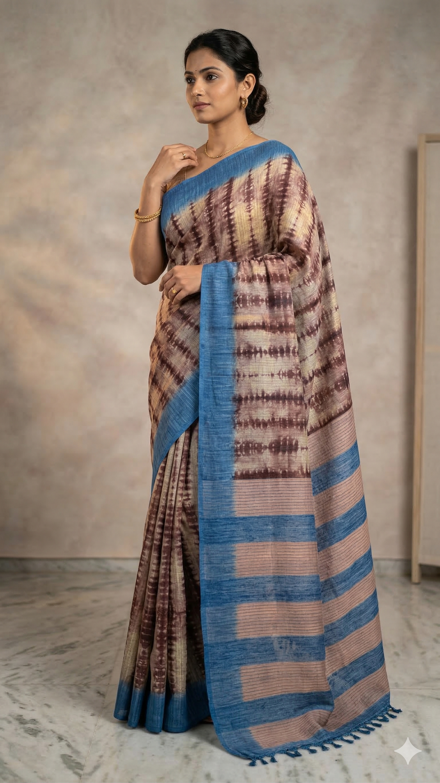 Handloom Cotton Silk Saree with Blouse Piece – Blue & Beige Tie-Dye Lightweight Daily Wear Saree