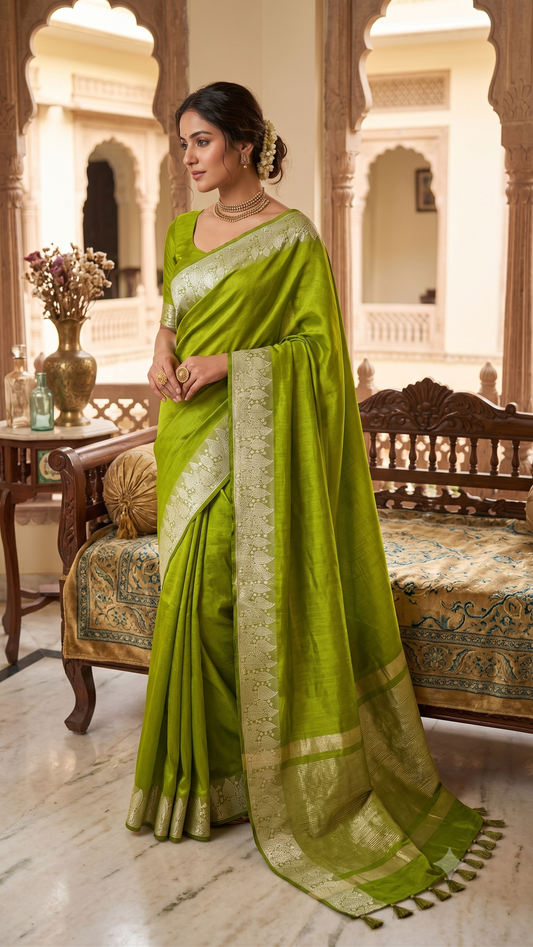 Olive Green Semi Tussar Silk Saree with Gold Leaf Border