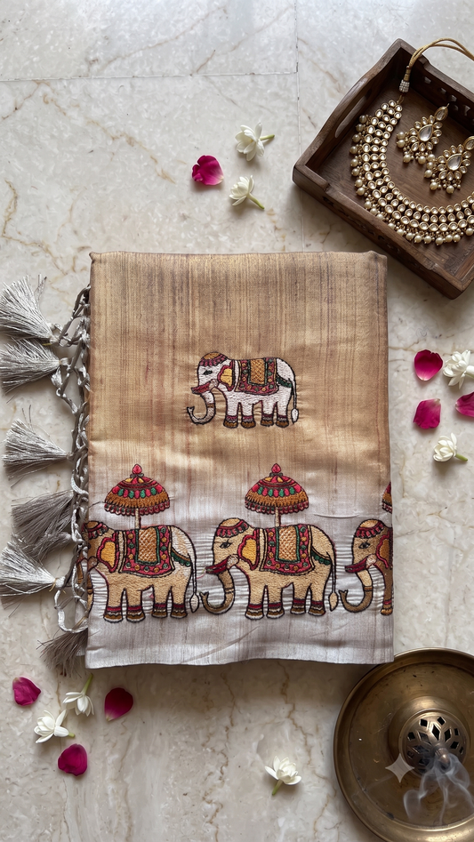 Beige Ombre Tussar Silk Saree with Narthaki Print & Elephant Applique with Blouse Piece