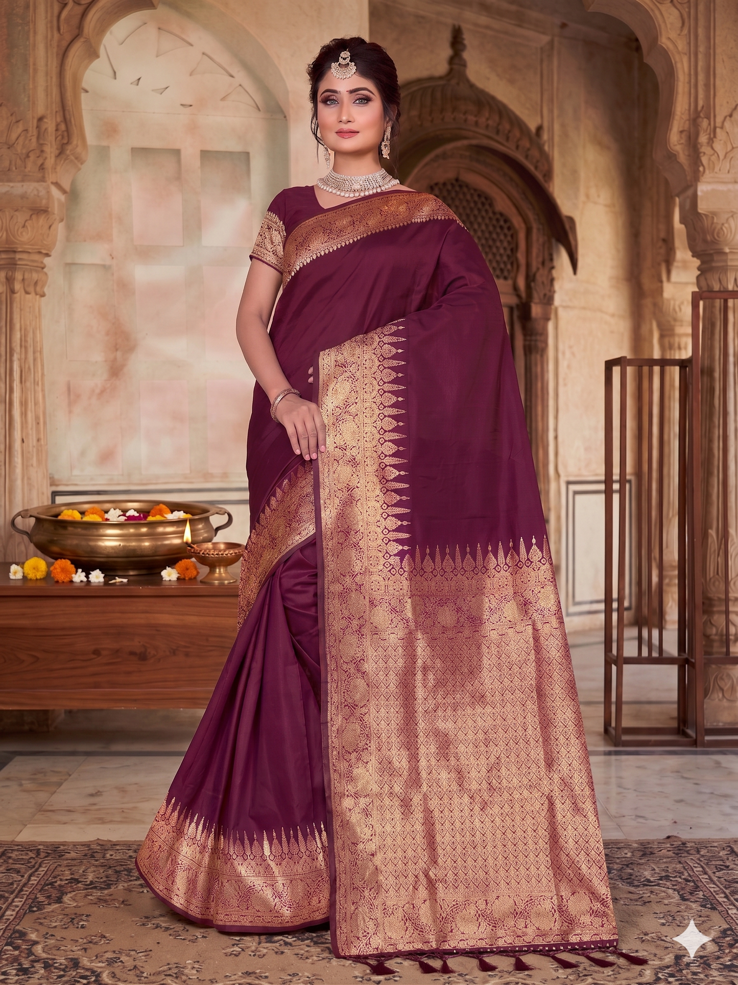 Kaya Kalpo Wine Burgundy Satin Crepe Silk Saree | Gold Zari Temple Border & Pallu | Bridal & Festive Wear