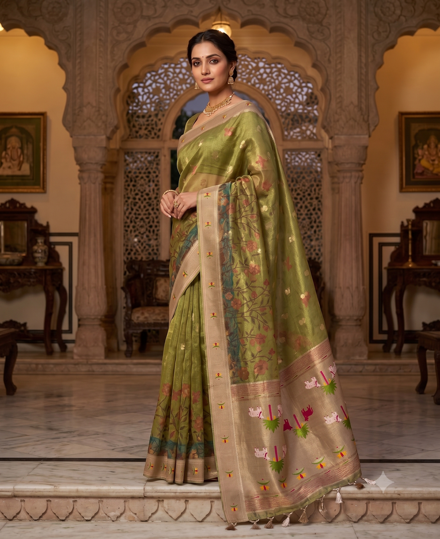 Olive Green Pathani Tissue Organza Saree with Zari Border – Floral Bird Motif