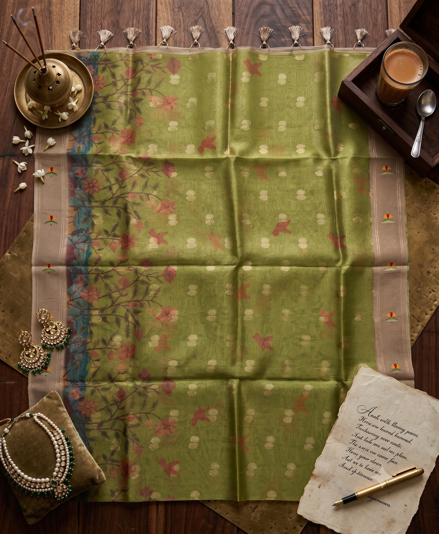 Olive Green Pathani Tissue Organza Saree with Zari Border – Floral Bird Motif