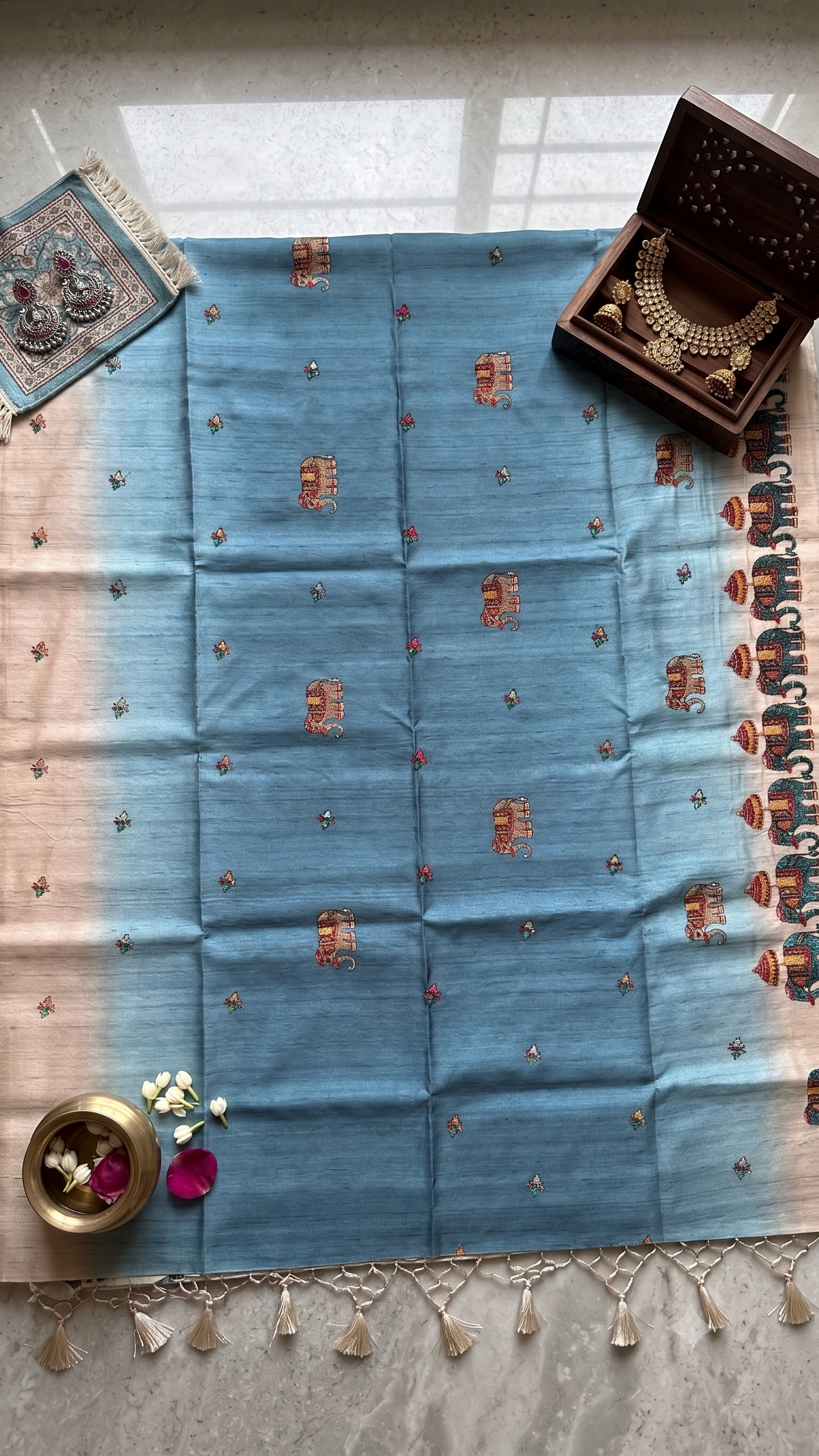 Sky Blue Ombre Tussar Silk Saree with Narthaki Print & Elephant Applique with Blouse Piece