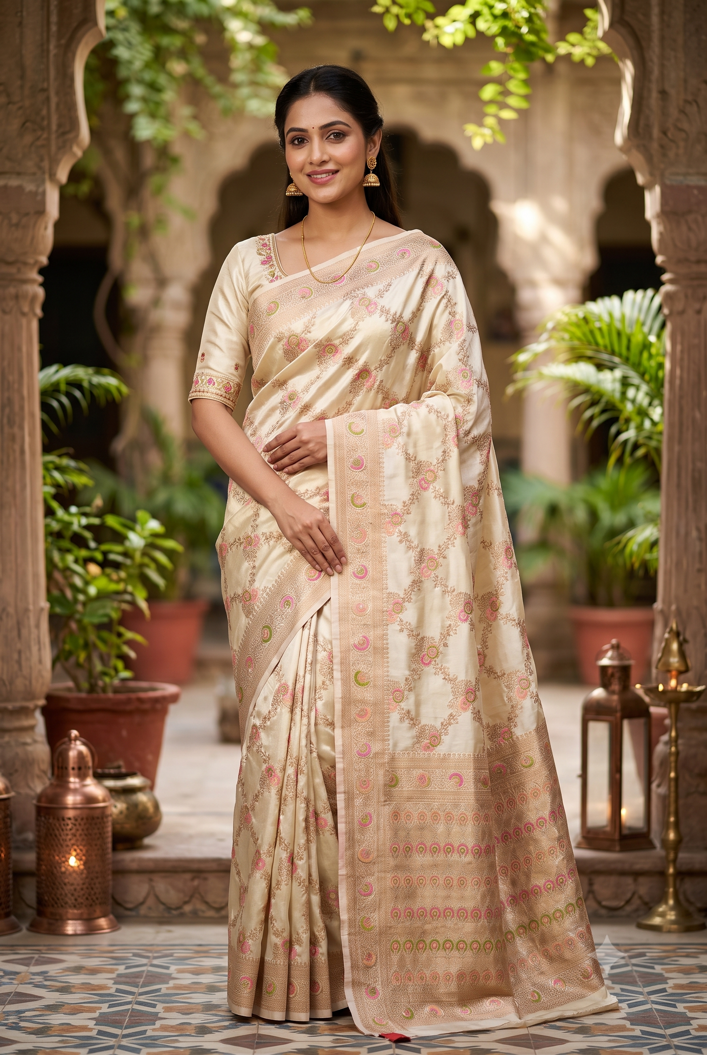 Ivory Banarasi Katan Silk Saree with Pink-Green Zari Floral Jaal & Blouse Piece