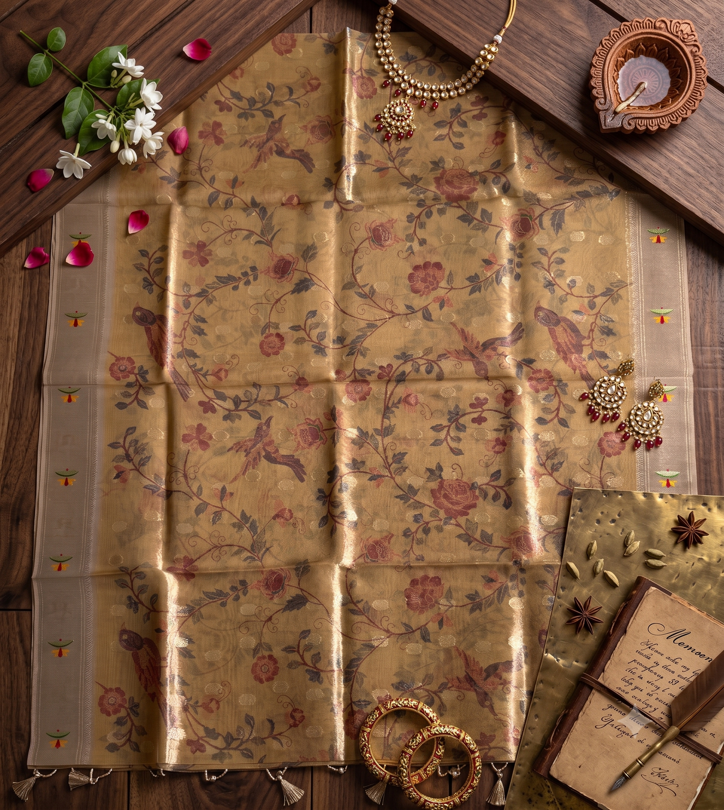 Golden Pathani Tissue Organza Saree with Zari Border – Floral Bird Motif |