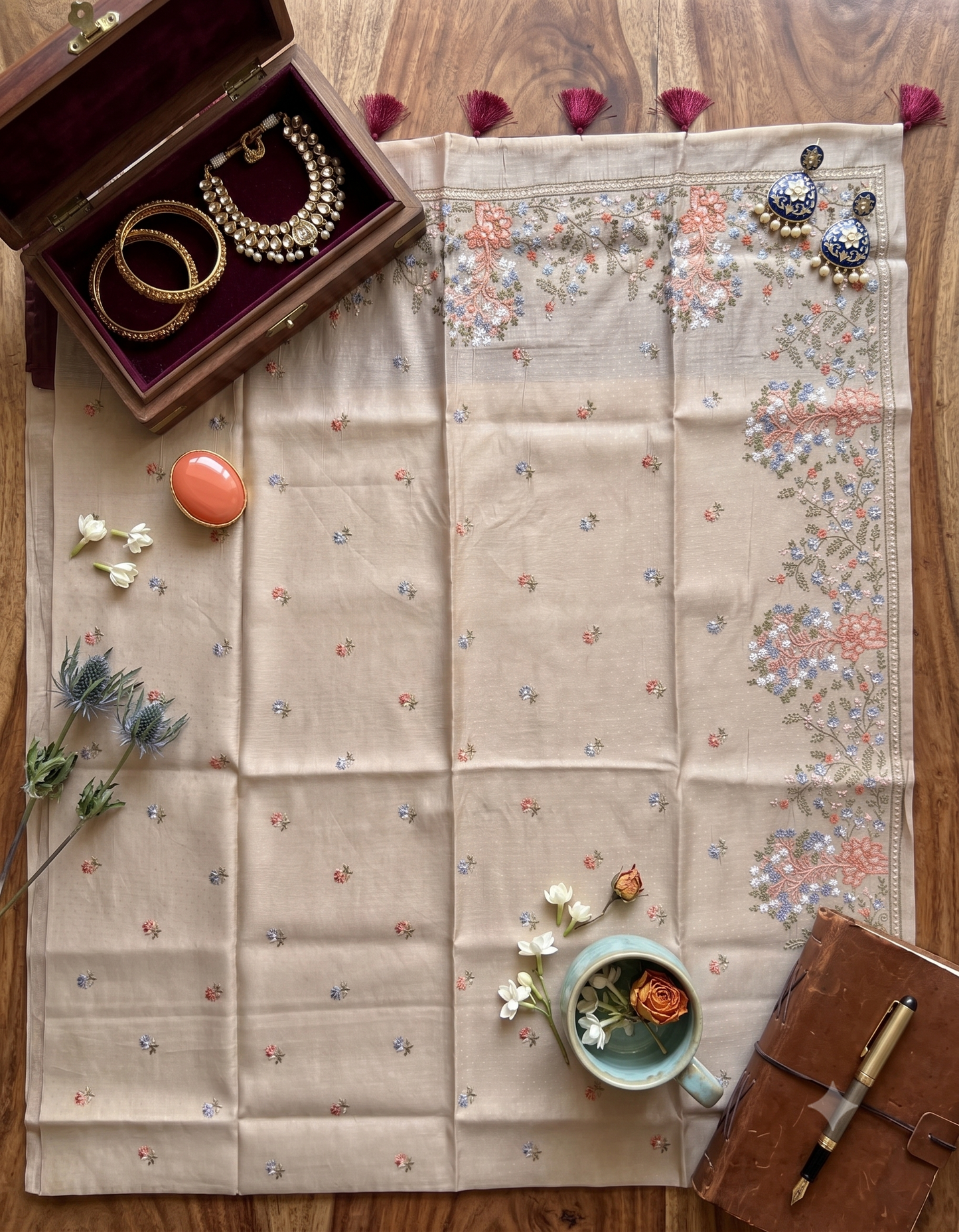 Beige Silk Crepe Saree with Multicolor Floral Embroidery