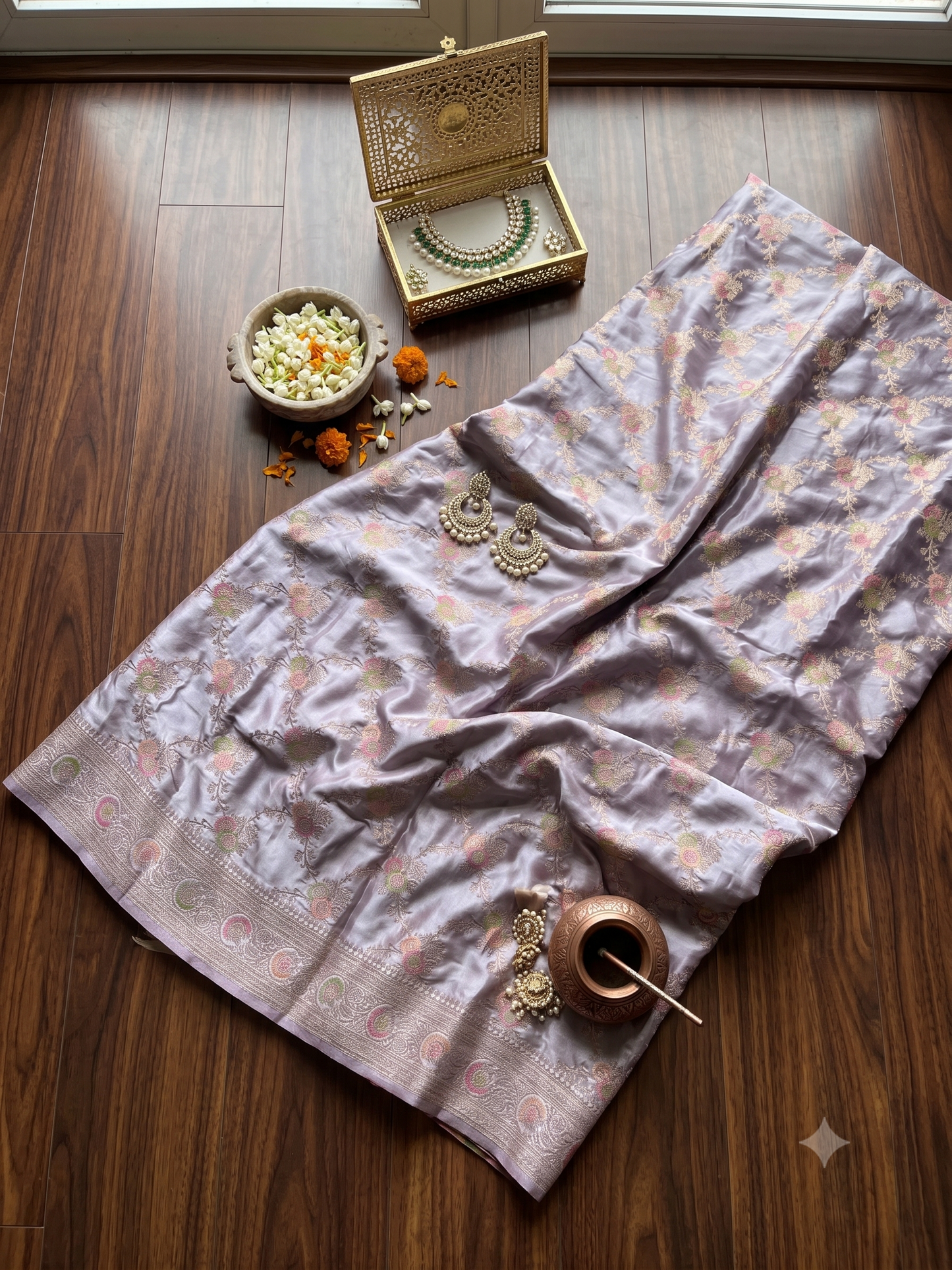 Light Lavender Banarasi Katan Silk Saree with Pink-Green Zari Floral Jaal & Blouse Piece