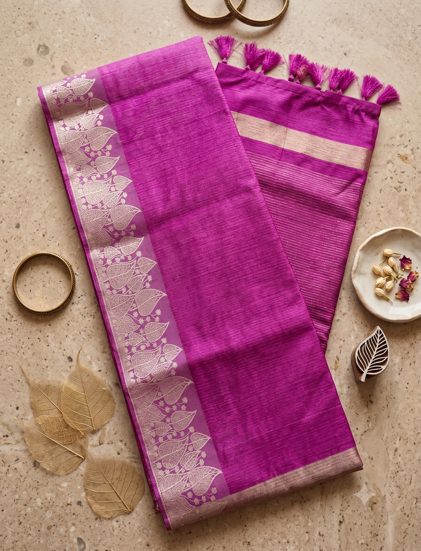 Magenta Semi Tussar Silk Saree with Gold Leaf Border