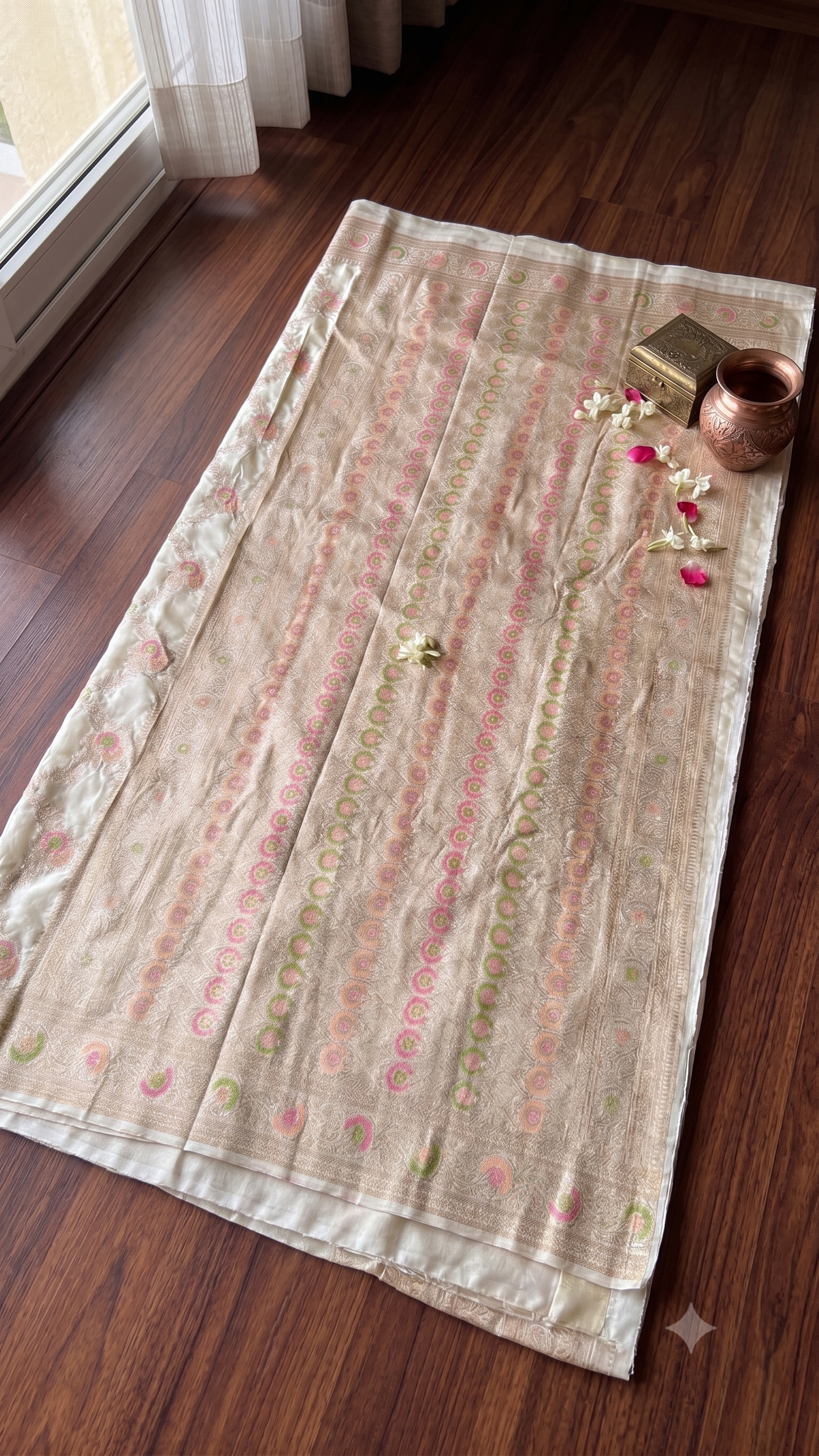 Ivory Banarasi Katan Silk Saree with Pink-Green Zari Floral Jaal & Blouse Piece