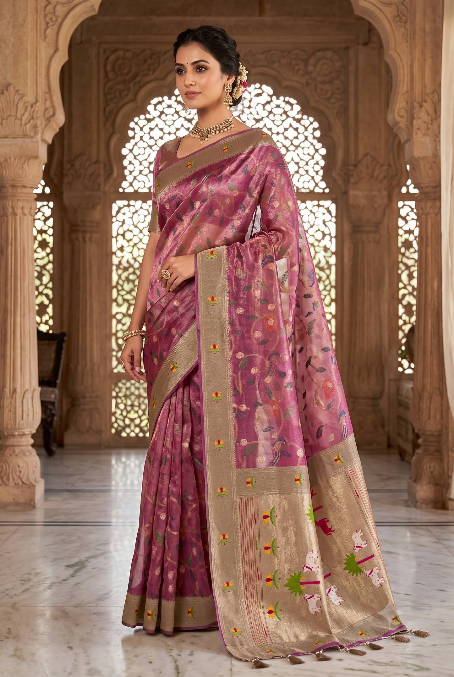 Mauve Pathani Tissue Organza Saree with Zari Border – Floral Bird Motif