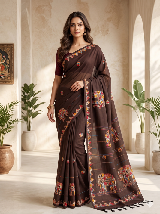 Brown Cotton Applique Handloom Saree | Hand-Crafted Elephant Motif | Traditional Indian Ethnic Wear