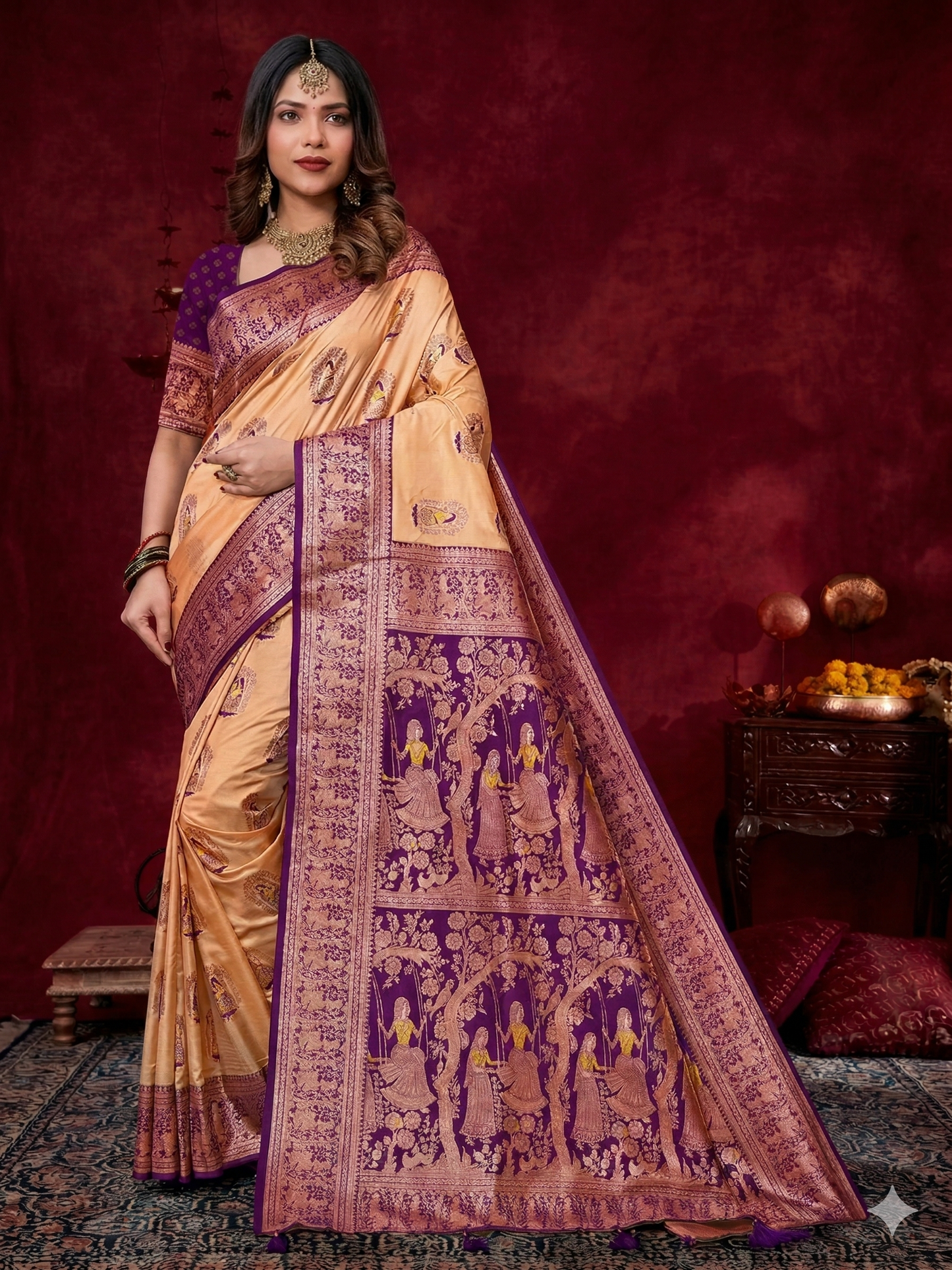 Kaya Kalpo Bengal Silk Saree | Royal Purple & Peach Zari Woven Pallu | Bridal & Wedding Wear