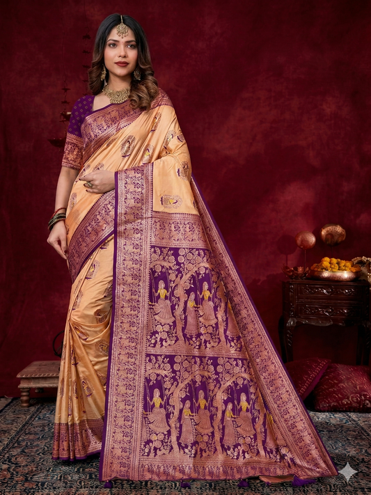Kaya Kalpo Bengal Silk Saree | Royal Purple & Peach Zari Woven Pallu | Bridal & Wedding Wear
