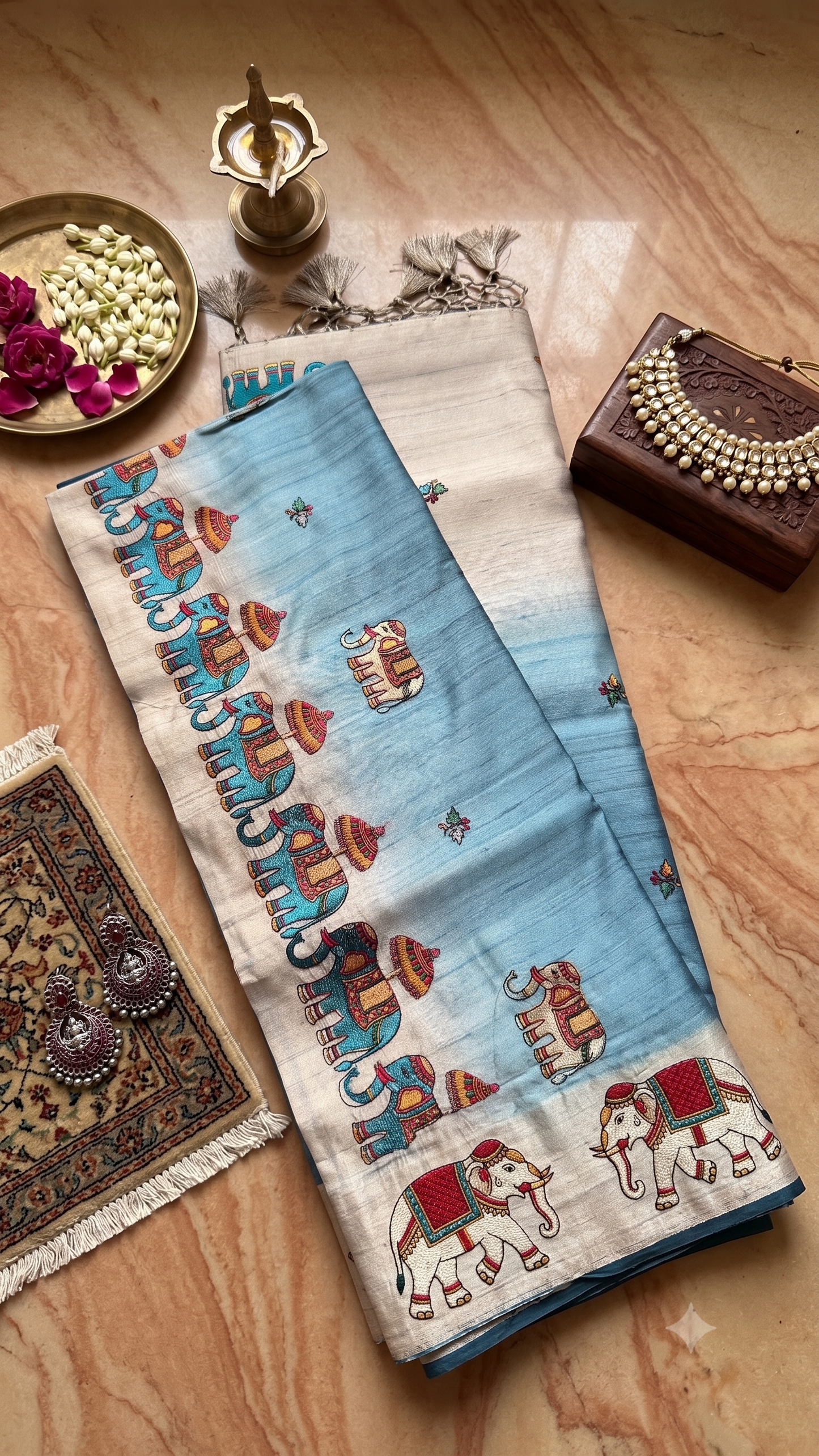 Sky Blue Ombre Tussar Silk Saree with Narthaki Print & Elephant Applique with Blouse Piece