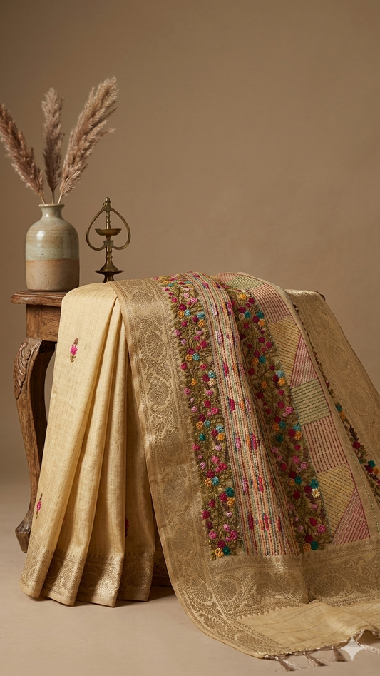 Kaya Kalpo Cream Benarasi Kota Silk Saree with Floral Embroidery Work