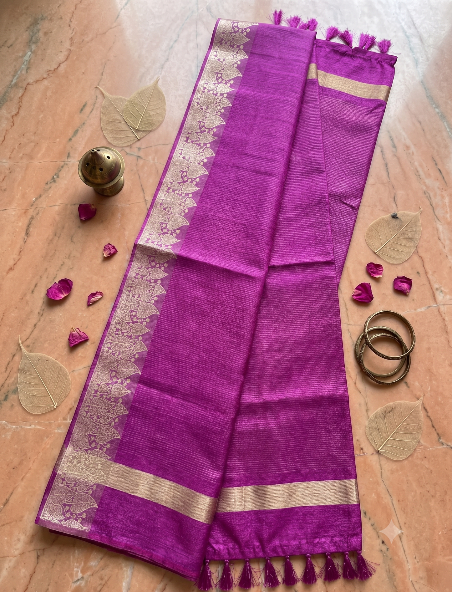 Magenta Semi Tussar Silk Saree with Gold Leaf Border