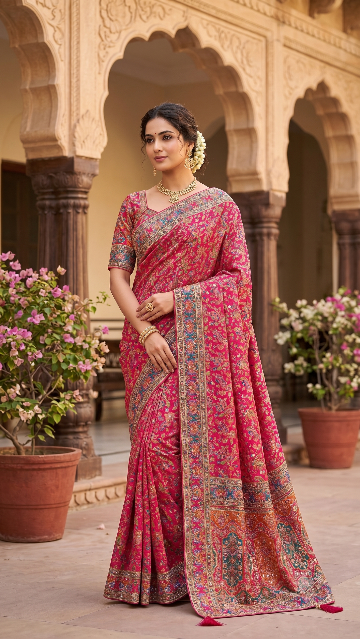 Kani Pashmina Silk Saree in Rani Pink with Multicolor Border & Stitched Embroidered Blouse