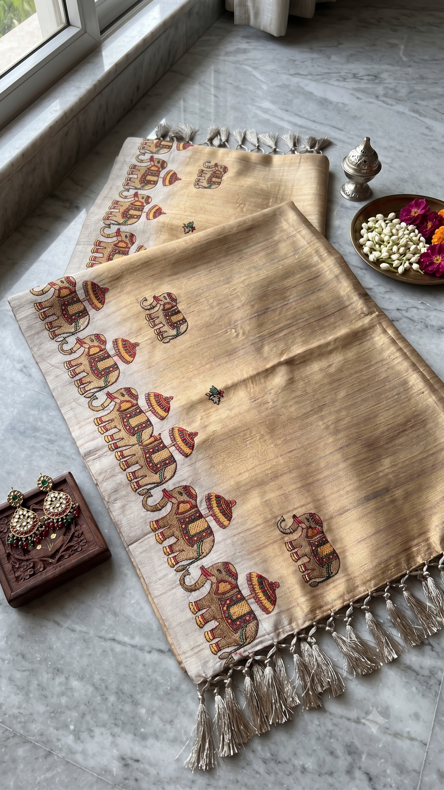 Beige Ombre Tussar Silk Saree with Narthaki Print & Elephant Applique with Blouse Piece