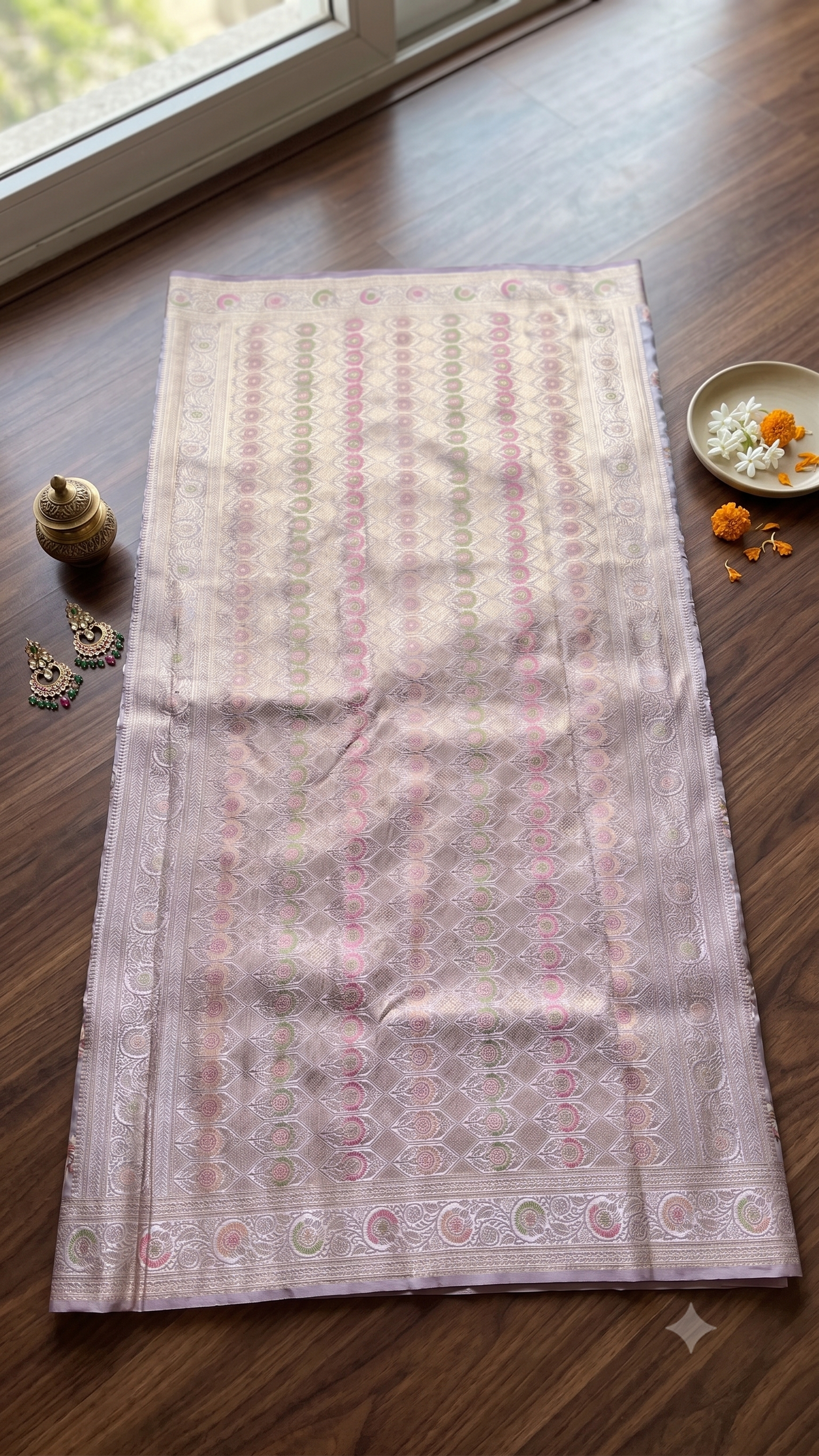 Light Lavender Banarasi Katan Silk Saree with Pink-Green Zari Floral Jaal & Blouse Piece