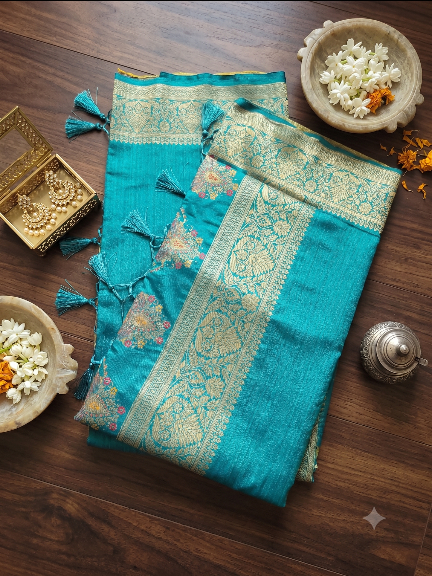 Teal Meenakari Ghicha Silk Mix Saree with Zari Border & Paisley Pallu