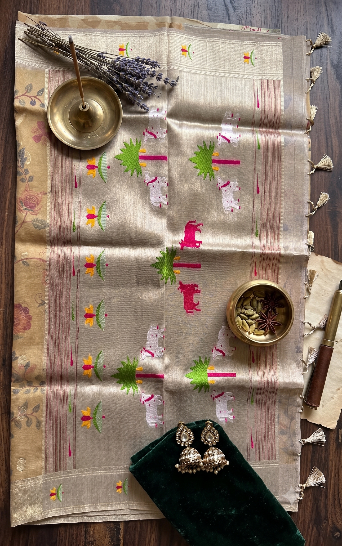 Golden Pathani Tissue Organza Saree with Zari Border – Floral Bird Motif |