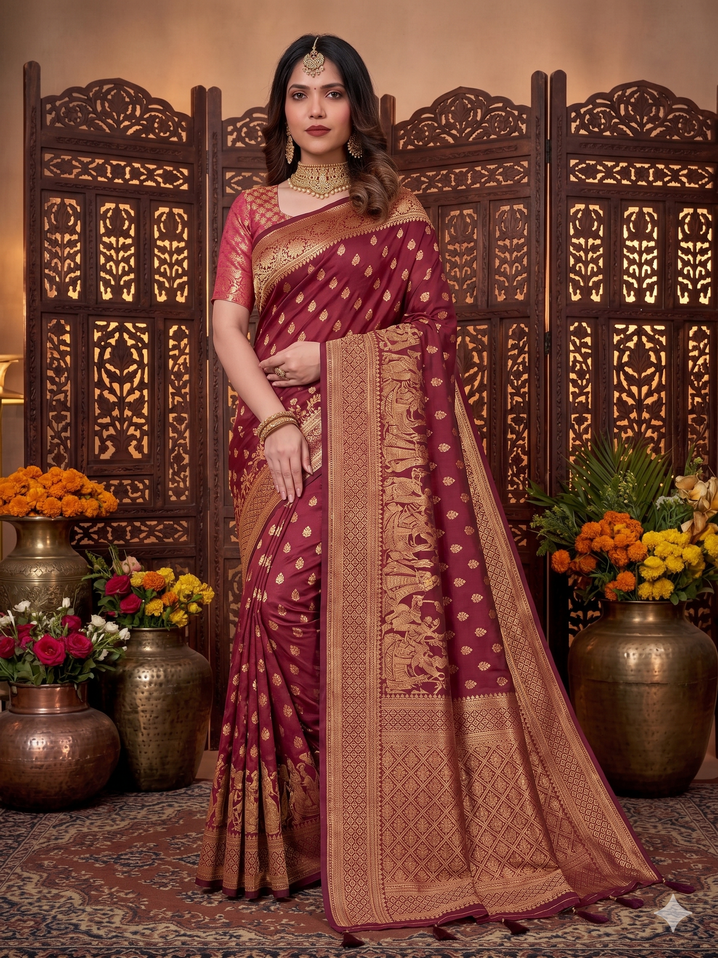 Kaya Kalpo Maroon Satin Weave Saree | Rose Gold Zari Booti Body & Large Leaf Woven Pallu | Bridal & Wedding Wear