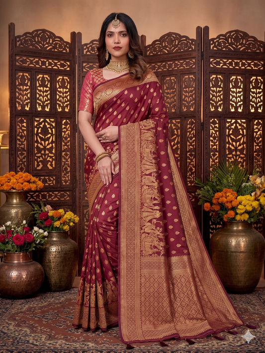 Kaya Kalpo Maroon Satin Weave Saree | Rose Gold Zari Booti Body & Large Leaf Woven Pallu | Bridal & Wedding Wear