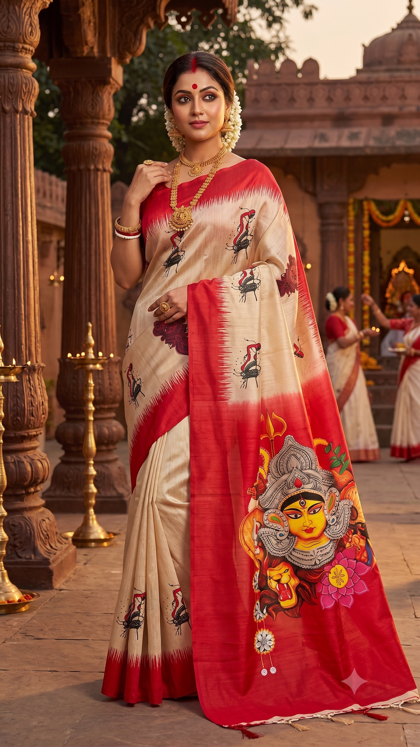 Durga Motif Digital Print Silk Saree | Kaya Kalpo