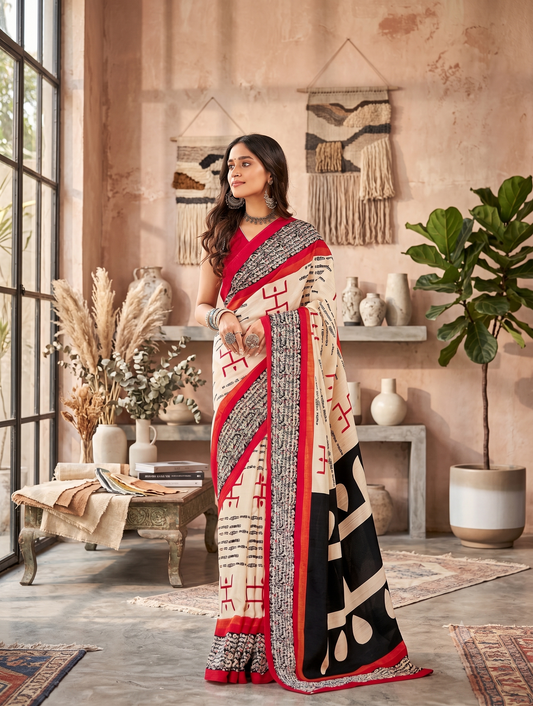Ivory Black Print Saree with Red Border | Kaya Kalpo