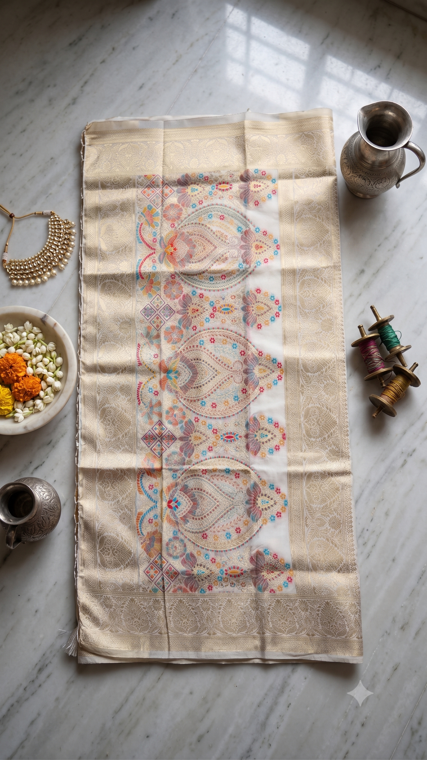 Ivory Meenakari Ghicha Silk Mix Saree with Gold Zari Border
