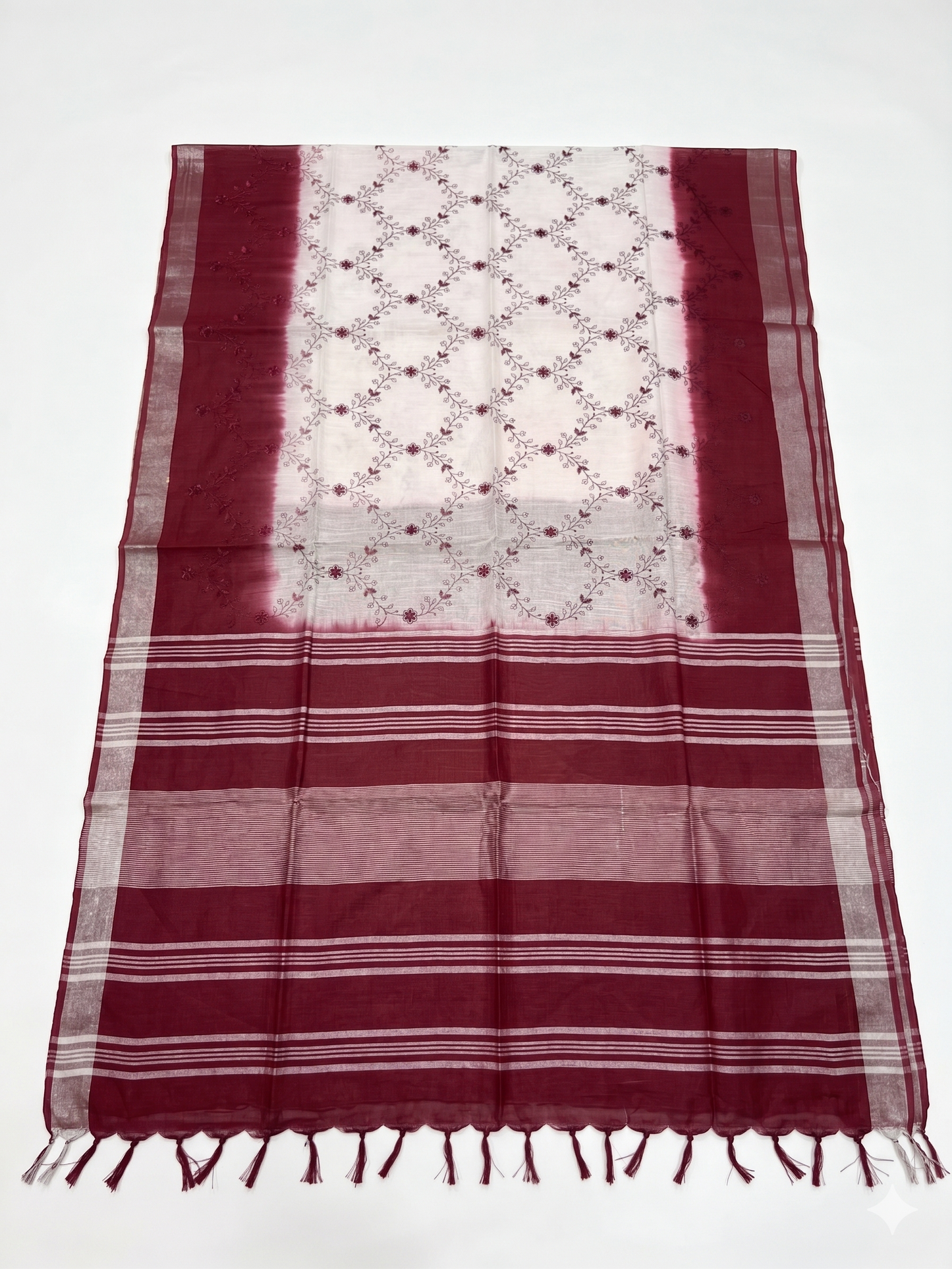 Kaya Kalpo White Linen Kantha Stitch Saree | Maroon Striped Border & Pallu | Handcrafted Casual & Festive Wear