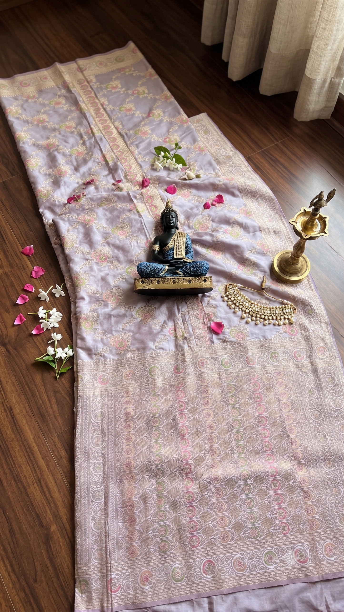 Light Lavender Banarasi Katan Silk Saree with Pink-Green Zari Floral Jaal & Blouse Piece