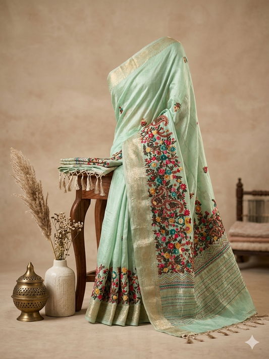 Kaya Kalpo Mint Green Benarasi Kota Silk Saree with Floral Embroidery Work | Lightweight Designer Saree