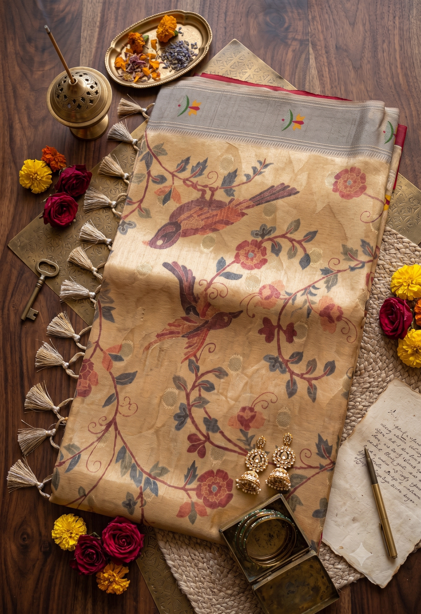 Golden Pathani Tissue Organza Saree with Zari Border – Floral Bird Motif |