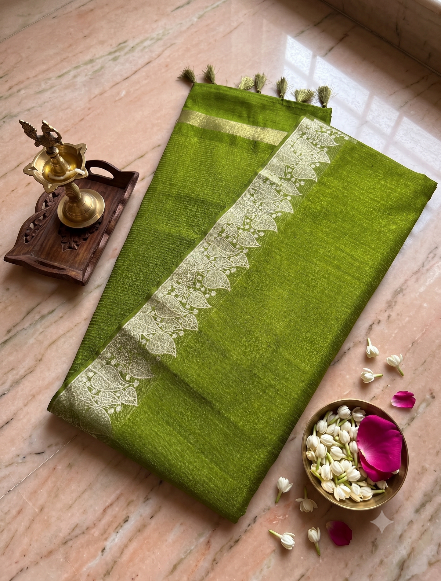 Olive Green Semi Tussar Silk Saree with Gold Leaf Border