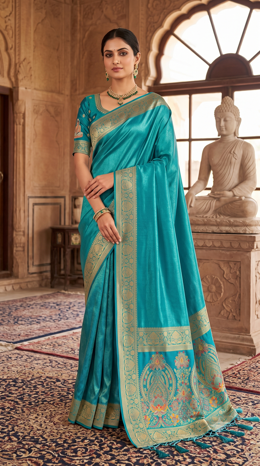 Teal Meenakari Ghicha Silk Mix Saree with Zari Border & Paisley Pallu
