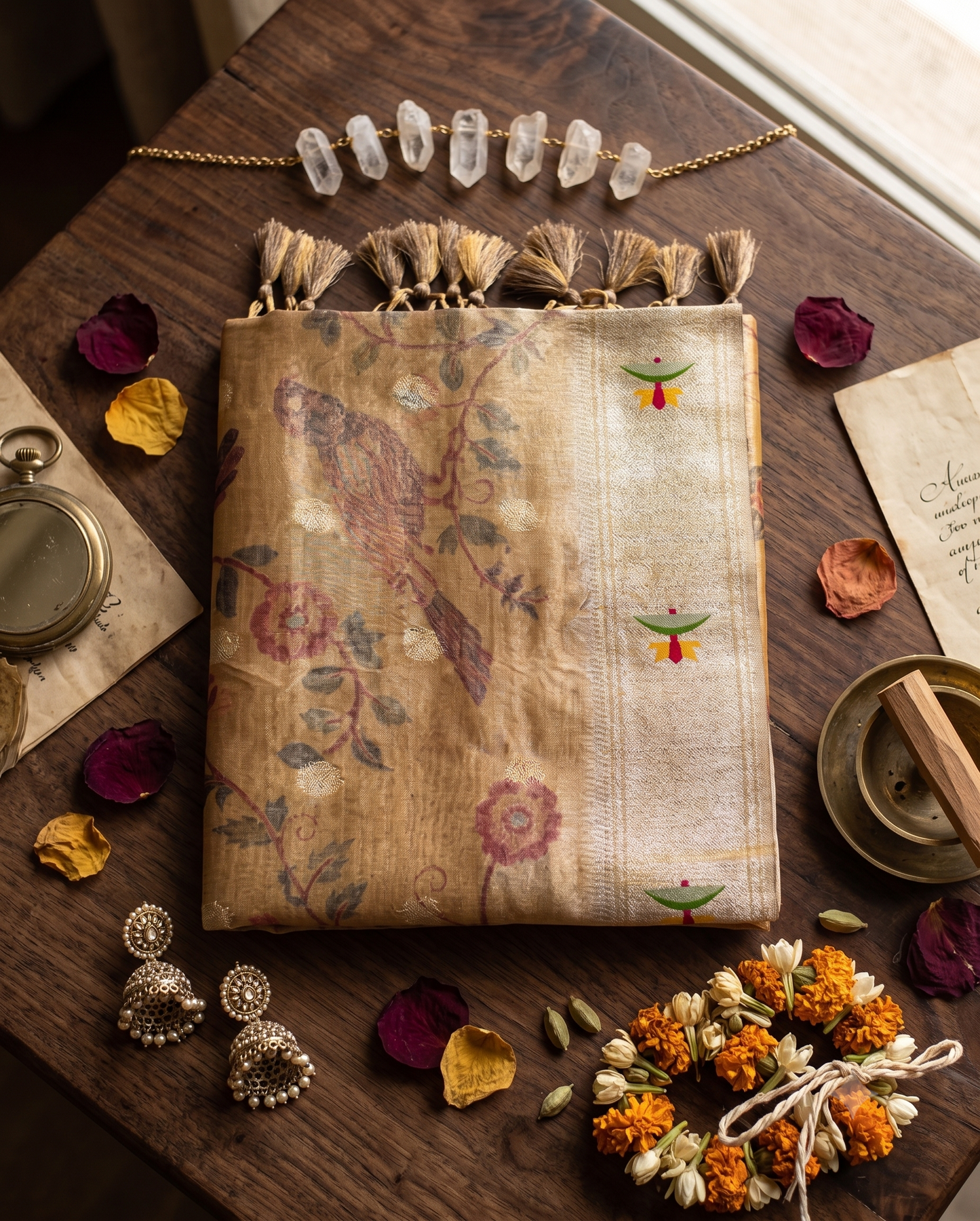Golden Pathani Tissue Organza Saree with Zari Border – Floral Bird Motif |