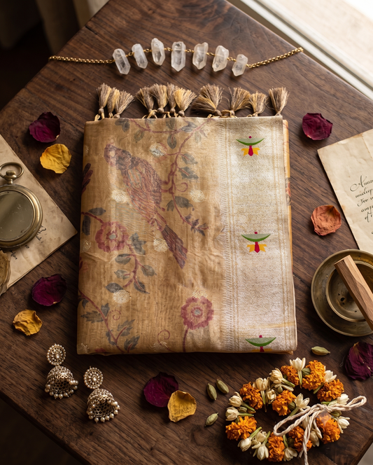 Golden Pathani Tissue Organza Saree with Zari Border – Floral Bird Motif |