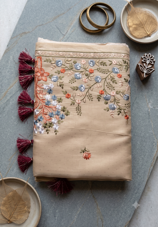Beige Silk Crepe Saree with Multicolor Floral Embroidery