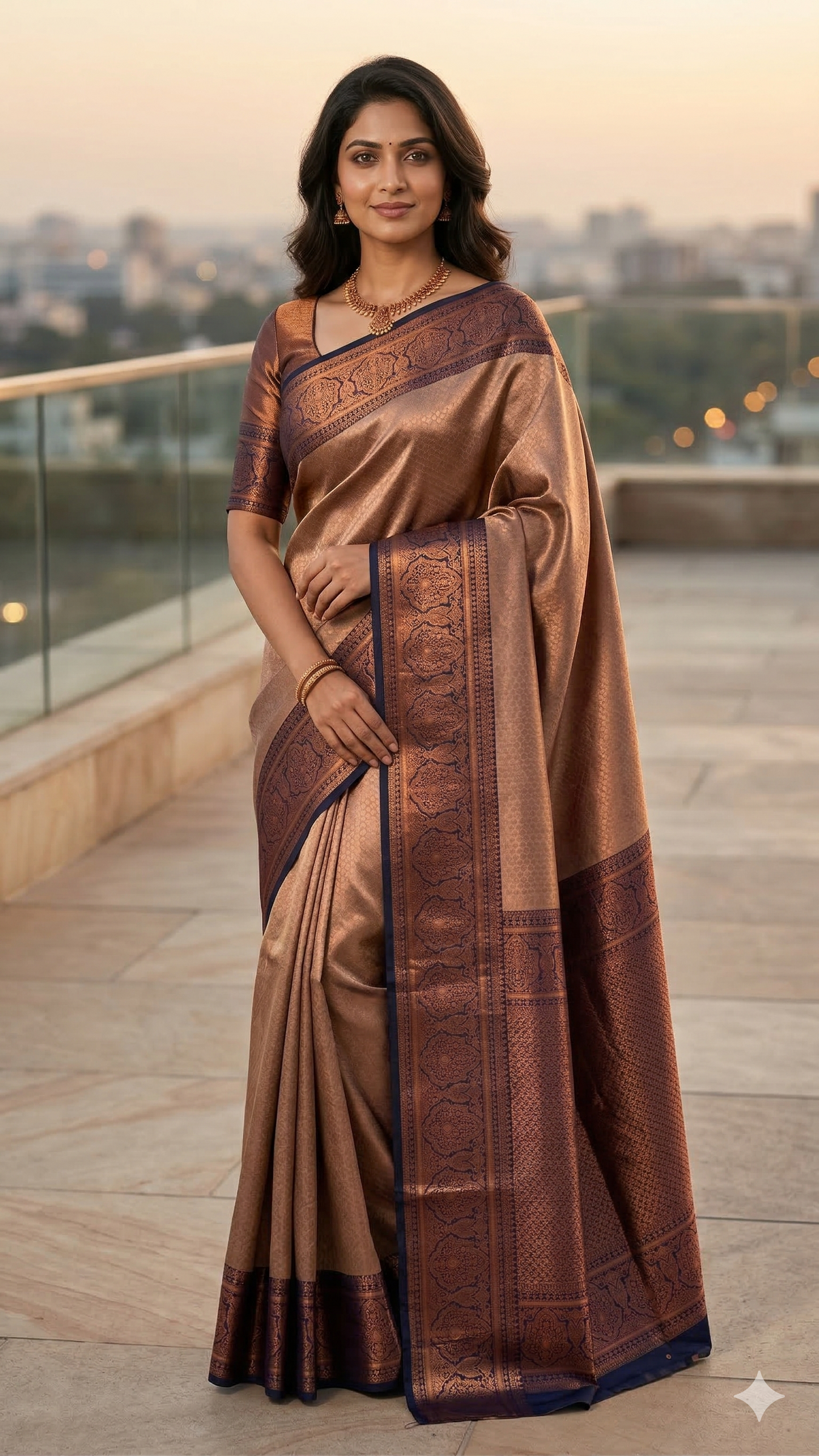 Kanchipuram Silk Saree with Blouse Piece – Copper Brown Zari Woven Saree with Contrast Border