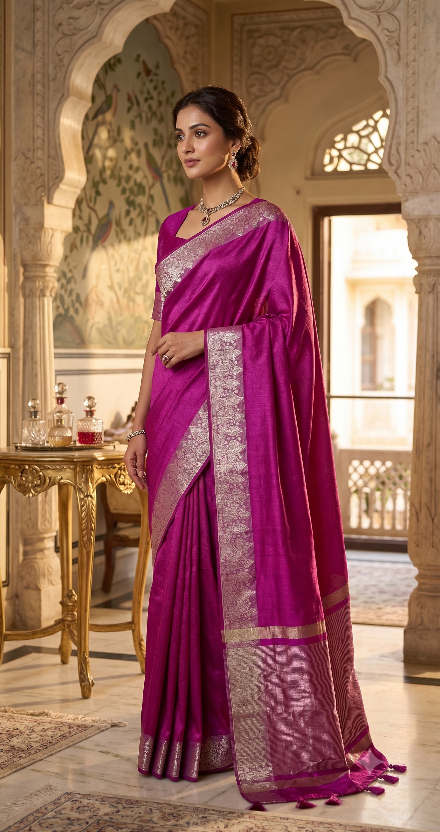 Magenta Semi Tussar Silk Saree with Gold Leaf Border