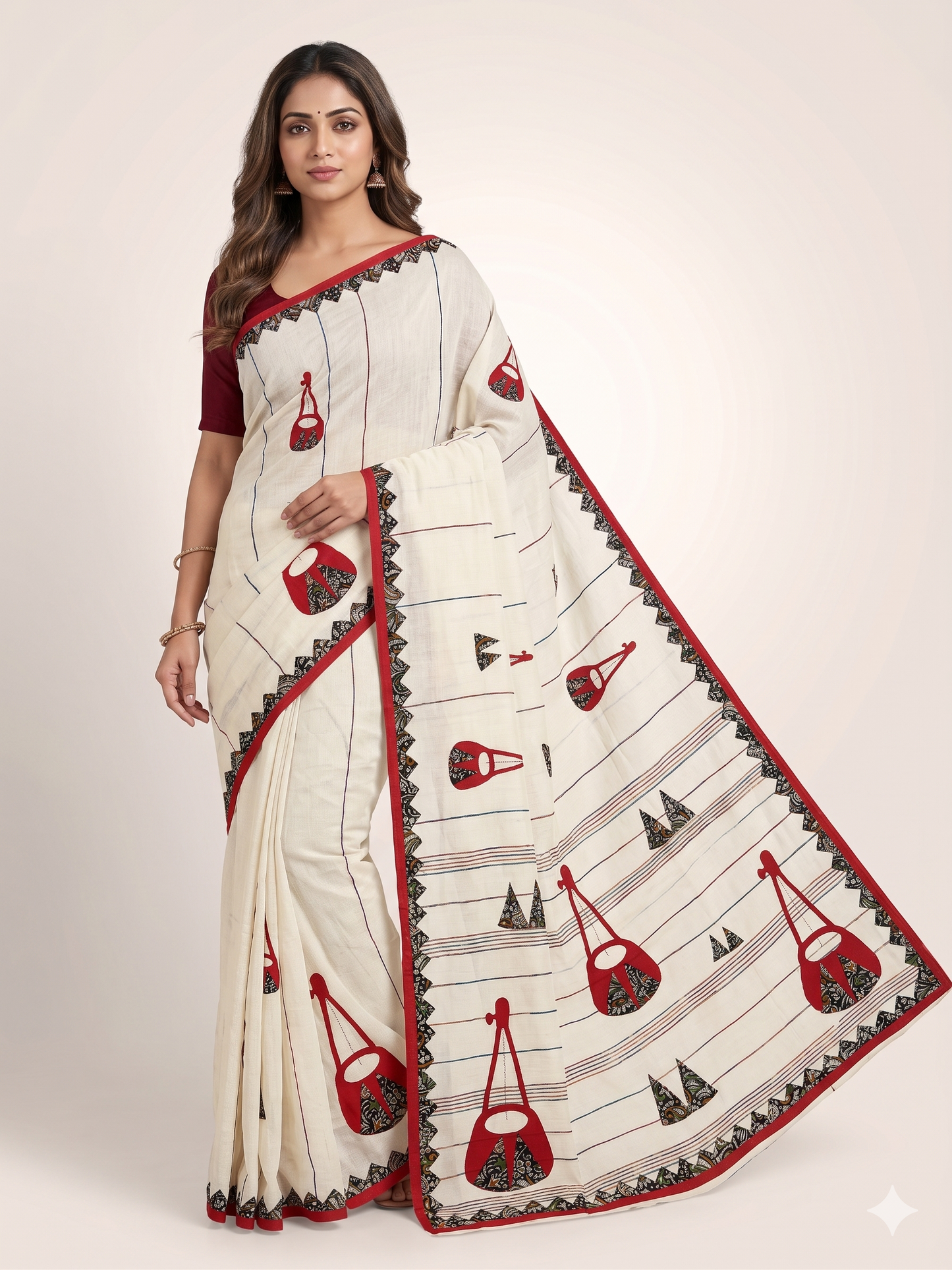 Off-White Cotton Applique Handloom Saree | Veena & Musical Motif | Traditional Indian Ethnic Wear