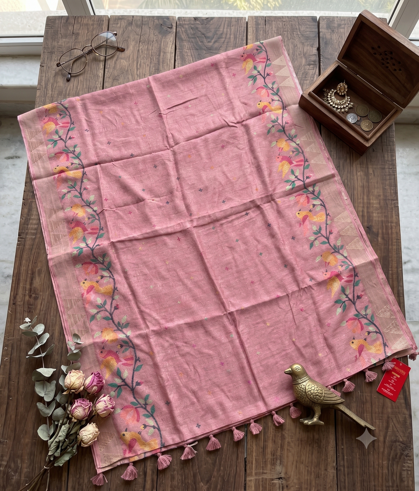 Dusty Rose Tussar Cotton Saree with Bird Motif Border – Traditional Handloom Style