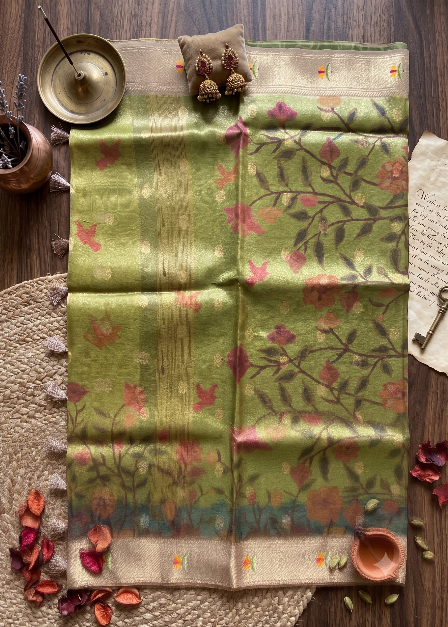 Olive Green Pathani Tissue Organza Saree with Zari Border – Floral Bird Motif
